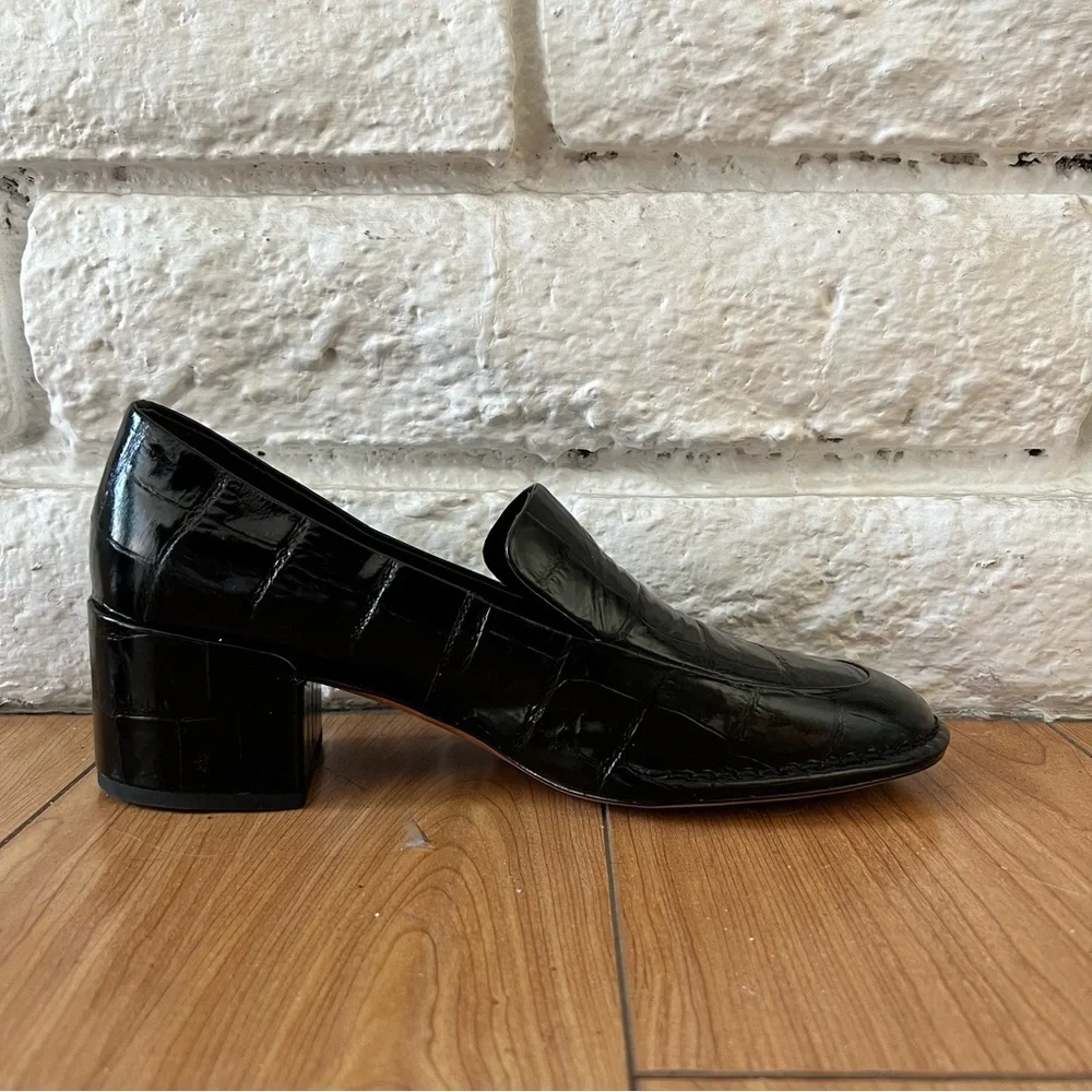 Vince Black Loafers Block Heel Croc Embossed
